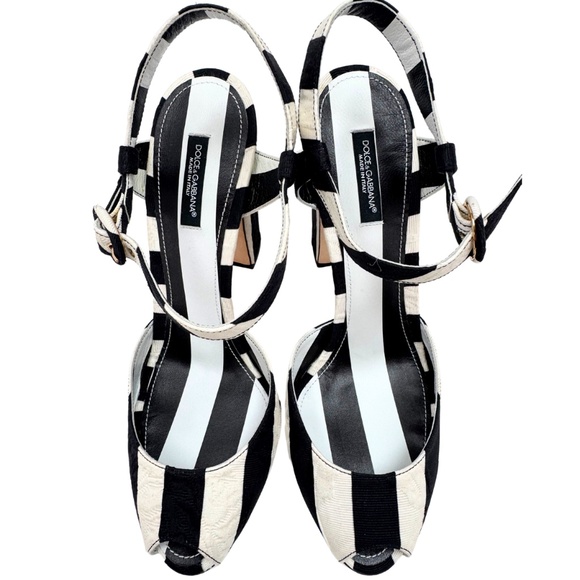 Dolce & Gabbana Peep Toe B/W Striped Brocade Fabric Sandals - Picture 7 of 13